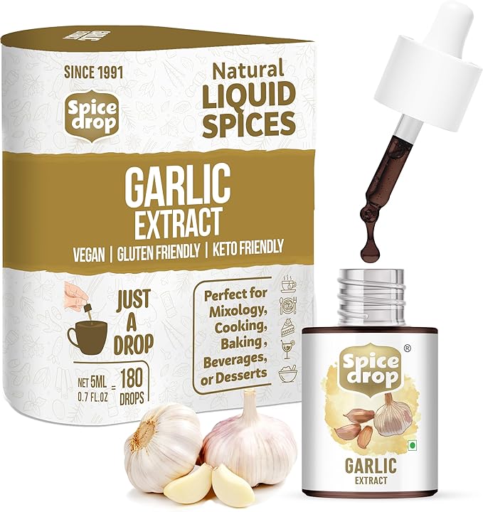 Spice Drop Pure Garlic Extract - Salad Dressing, Seasoning, Cooking, Baking, Dips | Premium Quality & High Aroma | Whole Garlic Pods Extract | No Added Color or Preservative | 0.17 Oz (Pack of 1)