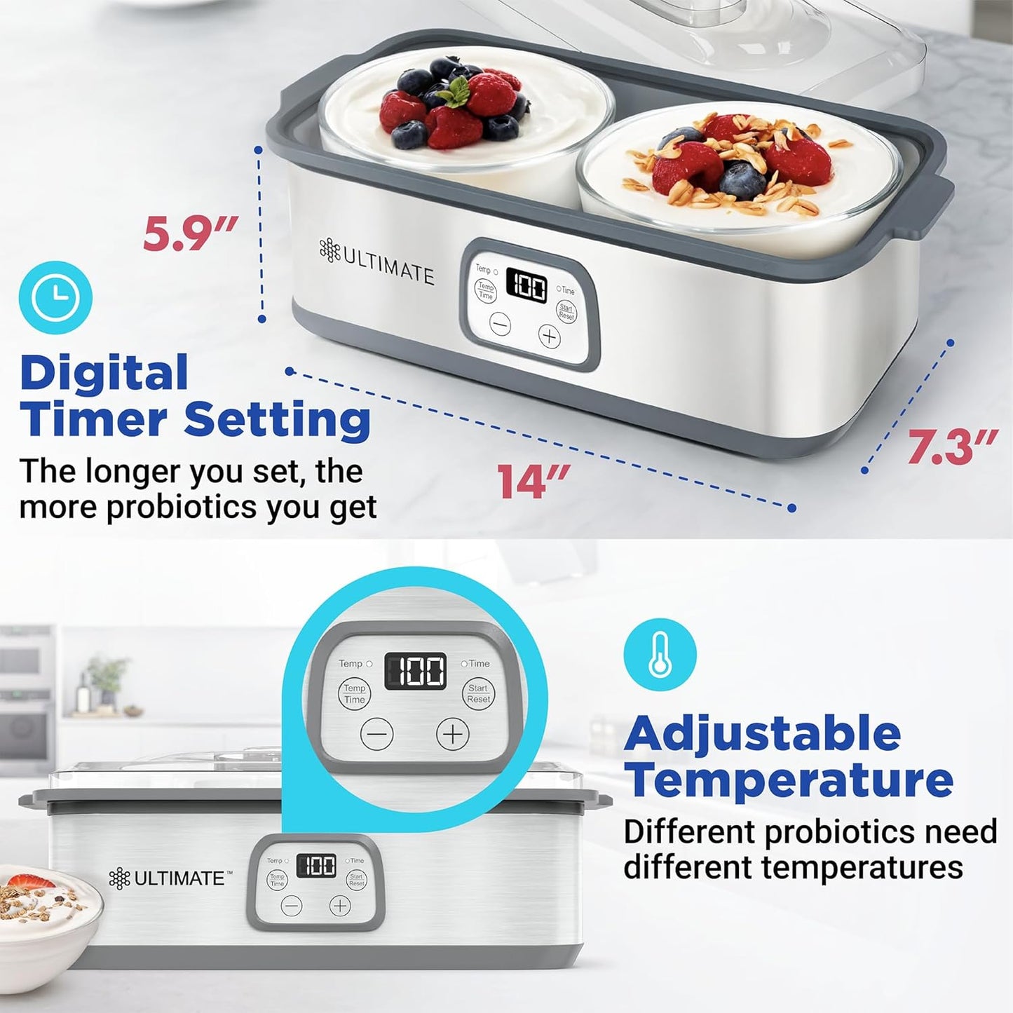 Ultimate Probiotic Yogurt Maker with Adjustable Time & Temp Control - Make Trillions of Live Probiotics with Two 1-Quart Containers for Larger Batches - Greek Yogurt Maker