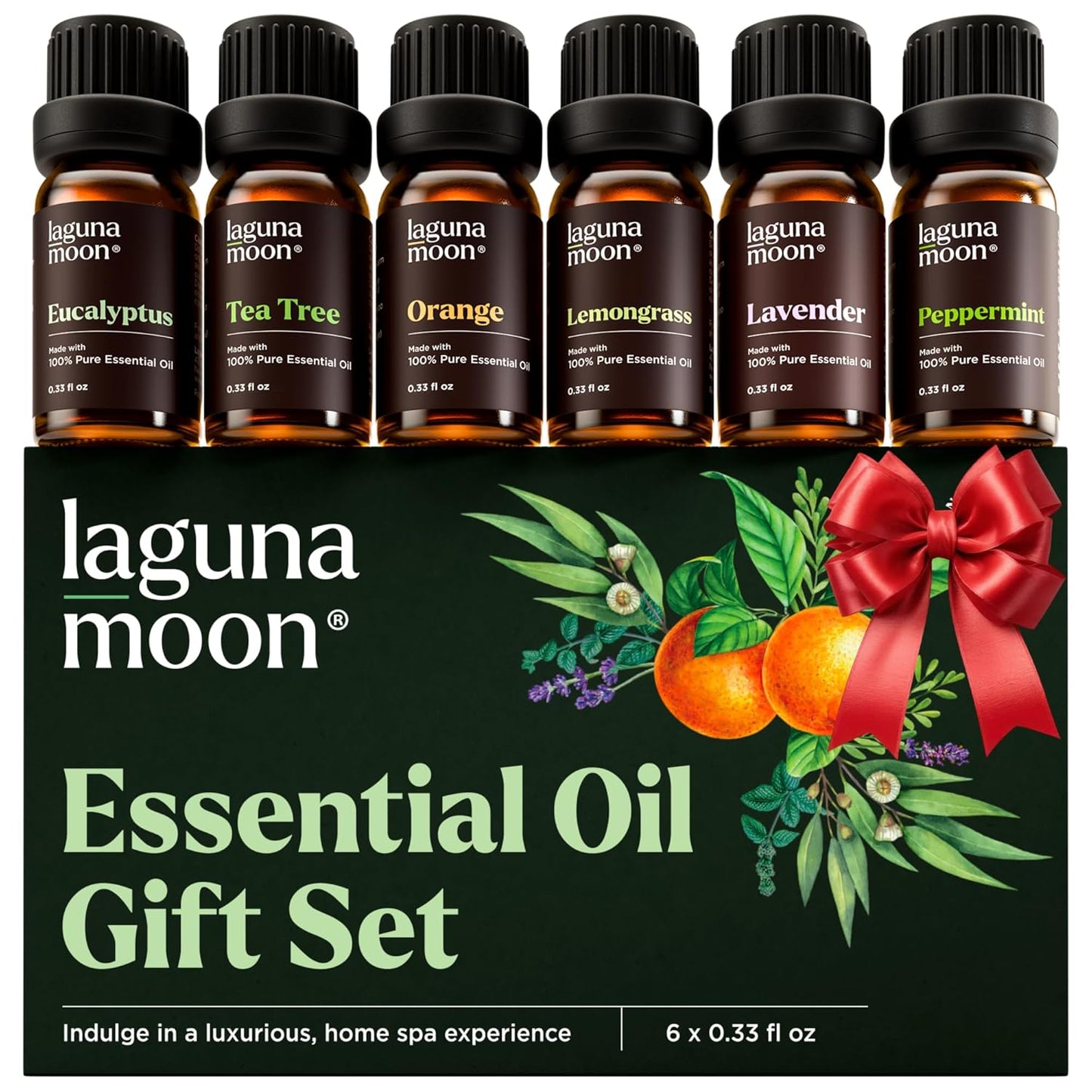 Lagunamoon Essential Oils Set - Top 6 Blends for Diffusers, Home Care, Candle Making Scents, Fragrance, Aromatherapy, Humidifiers, Gifts - Peppermint, Tea Tree, Lavender, Eucalyptus, Orange (10mL)
