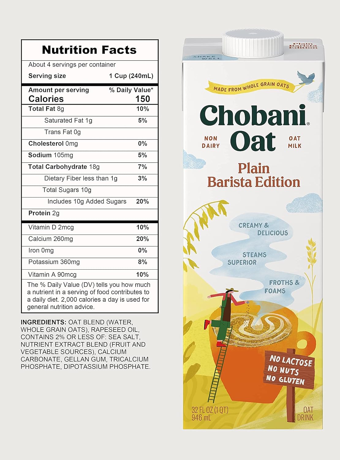 Chobani Oat Milk, Plain Oat Barista Edition, Shelf Stable Non Dairy Milk, Creamer, Vegan Friendly, Gluten-Free, 32 FL OZ (Pack-6)
