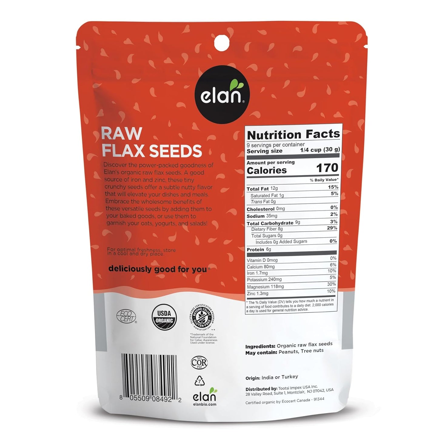 Elan Organic Flax Seed, 9.7 oz, Whole Seeds, Raw Seeds, Non-GMO, Vegan, Gluten-Free, Kosher, High in Fiber, Gels Easily (Pack of 2)