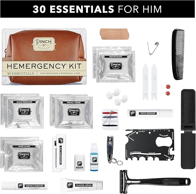 Pinch Provisions Hemergency Kit for Men, includes 30 Style & Grooming Essentials, Gift & Accessory for Grooms, Best Man, Personal Care, Travel or Cars