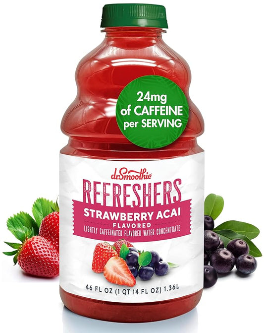 Dr. Smoothie Refreshers Strawberry Acai – Made with Real Fruit Juice – Drink Concentrate, No Artificial Colors, Shelf-Stable – Lightly Caffeinated with Green Coffee Extract (46 oz Bottle)