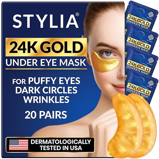 Stylia Under Eye Patches for Puffy Eyes and Dark Circles (20 Pairs) - 24k Gold Under Eye Mask with Vitamin C, Hyaluronic Acid, Pearl Extract - Eye Masks for Dark Circles and Puffiness