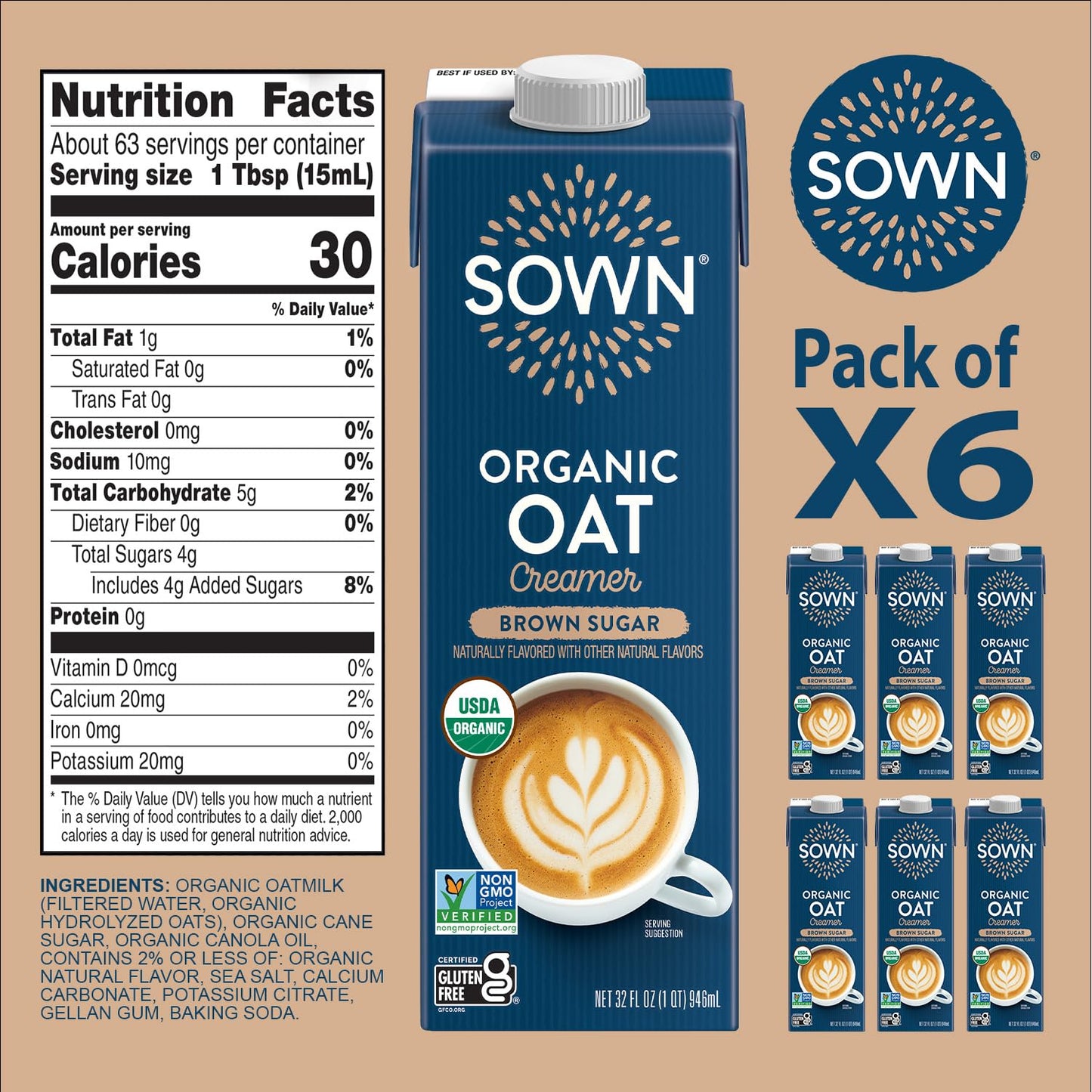 SOWN Organic Oat Creamer Brown Sugar - Barista Oat Milk Non Dairy Coffee Creamer - Plant Based, Dairy-Free, Vegan, Gluten-Free, Non-GMO, Shelf Stable - 32oz (Pack of 6)