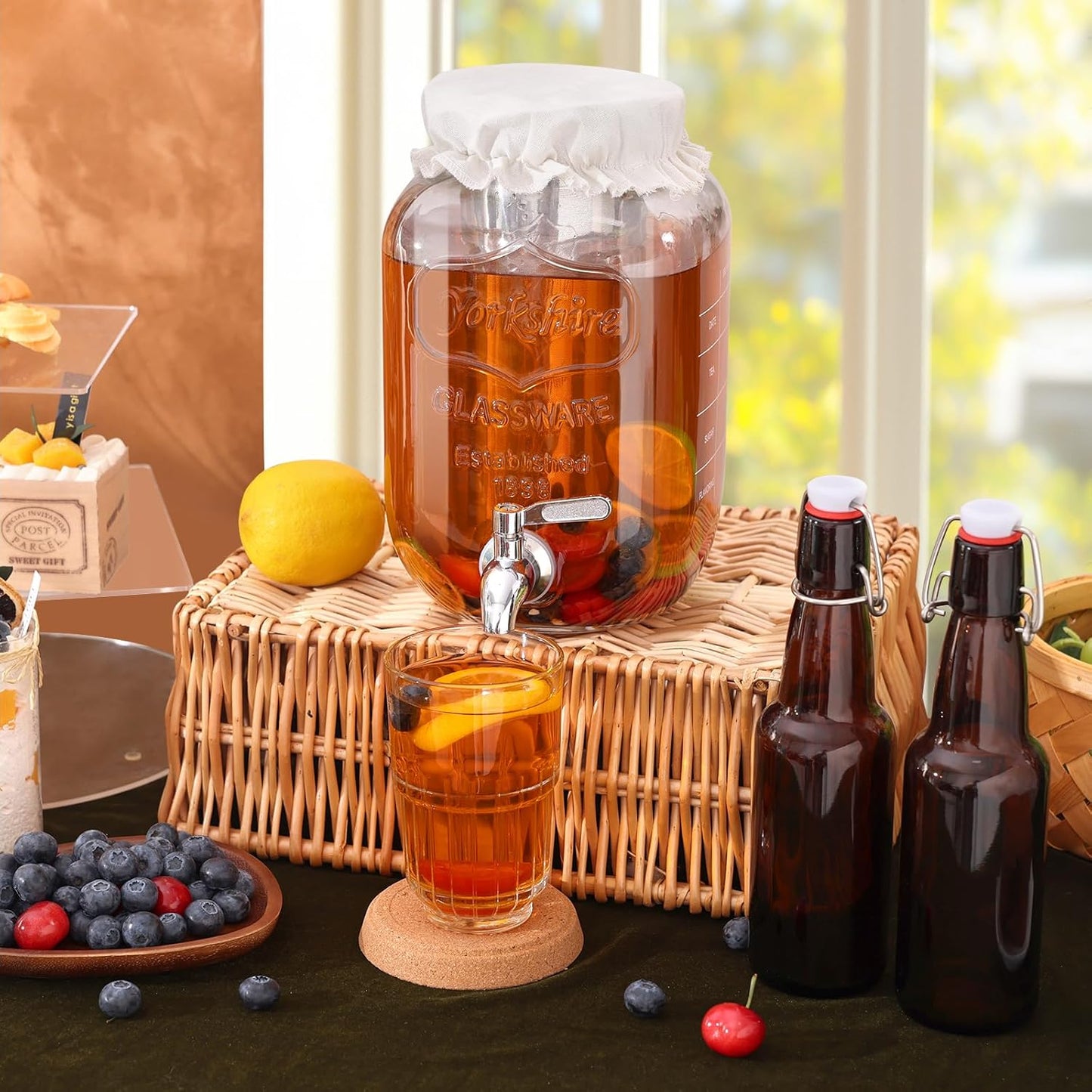 1 Gallon Kombucha Starter Kit, Glass Kombucha Jar with Spigot and Stainless Steel Mesh Filter Fermentation Kit for Home Brewed Kombucha Bottles, Includes Test Strips, Measuring Cups, Cloth Top