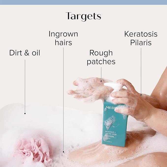 Medix 20% Glycolic Acid Booster + Exfoliating Body Wash Cleanser Skin Care 2PC Set | AHA Exfoliant Body Wash + Body Serum Both Refine + Soften Dead Dry Skin, Bumps, Wrinkles, & Fine Lines, Bundle