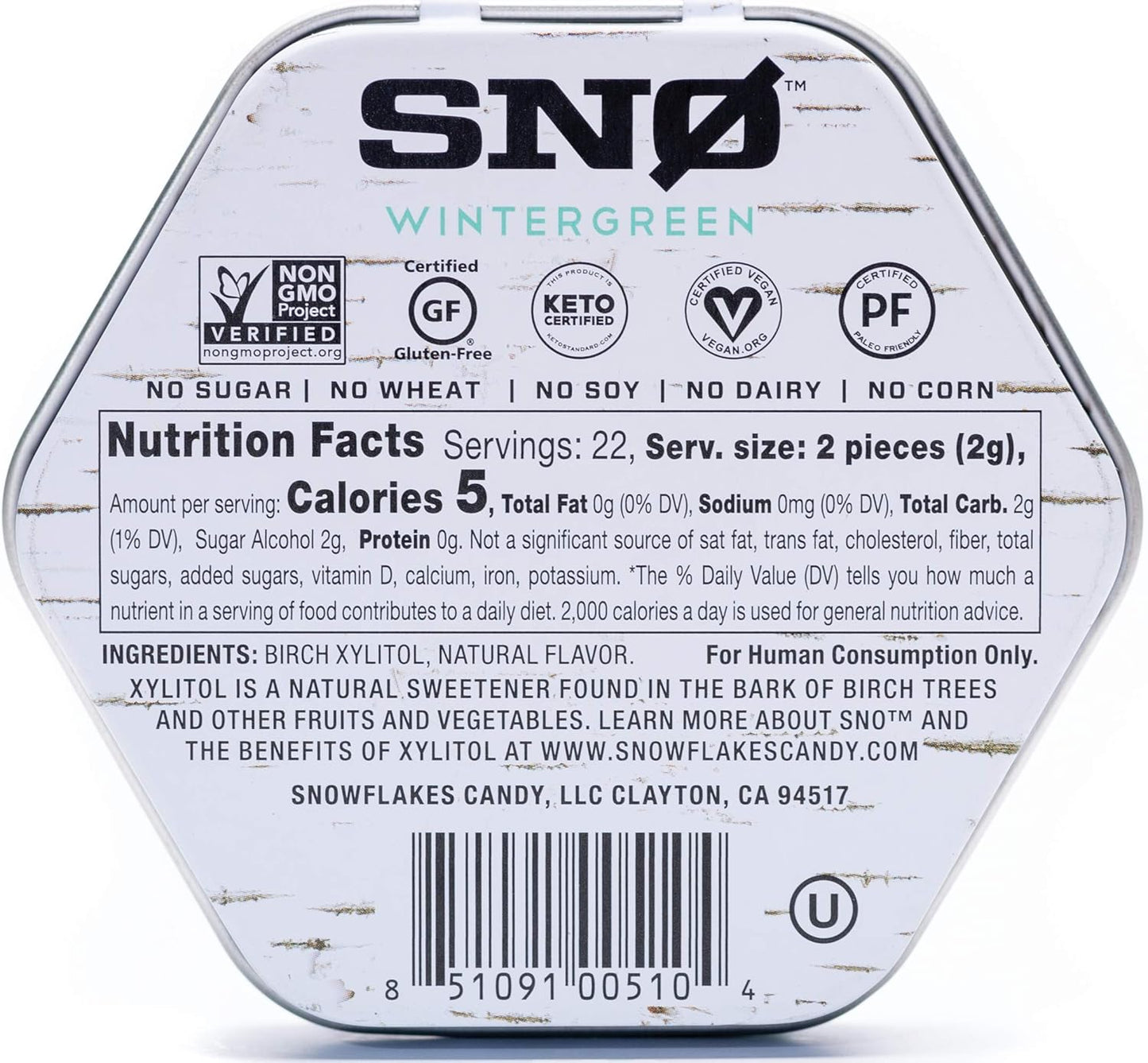 Wintergreen KETO Xylitol Candy Chips (6-Pack) - SNØ 1.5oz Tin - Sugar-Free Candy With Only 2 Ingredients | Low Carbs, Diabetic-Friendly, Non-GMO, Vegan, GF & Kosher | Purest candy in the world