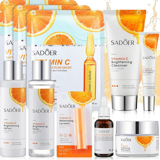 10 Pcs Skin Care Sets Face Care Set for Women Includes 1 Pcs Cleanser, Toner, Lotion, Eye Cream, Serum, Face Cream, Lip Balm and 3 Facial Masks Skincare Gift for Girls (Vitamin C)