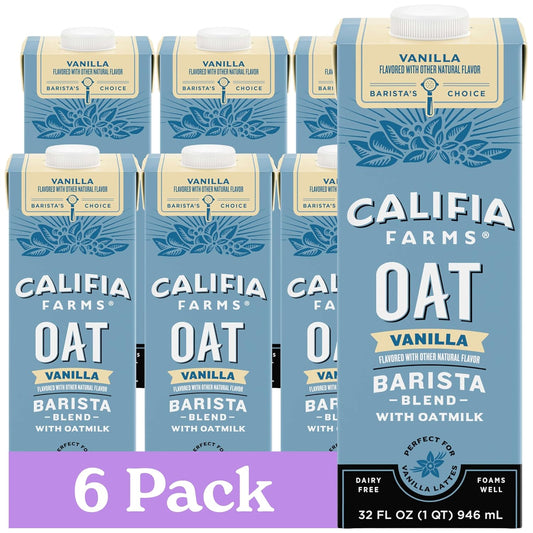 Califia Farms – Vanilla Oat Barista Blend Oat Milk, 32 Oz (Pack of 6), Shelf Stable, Dairy Free, Plant Based, Vegan, Gluten Free, Non GMO, Milk Frother, Creamer, Blue