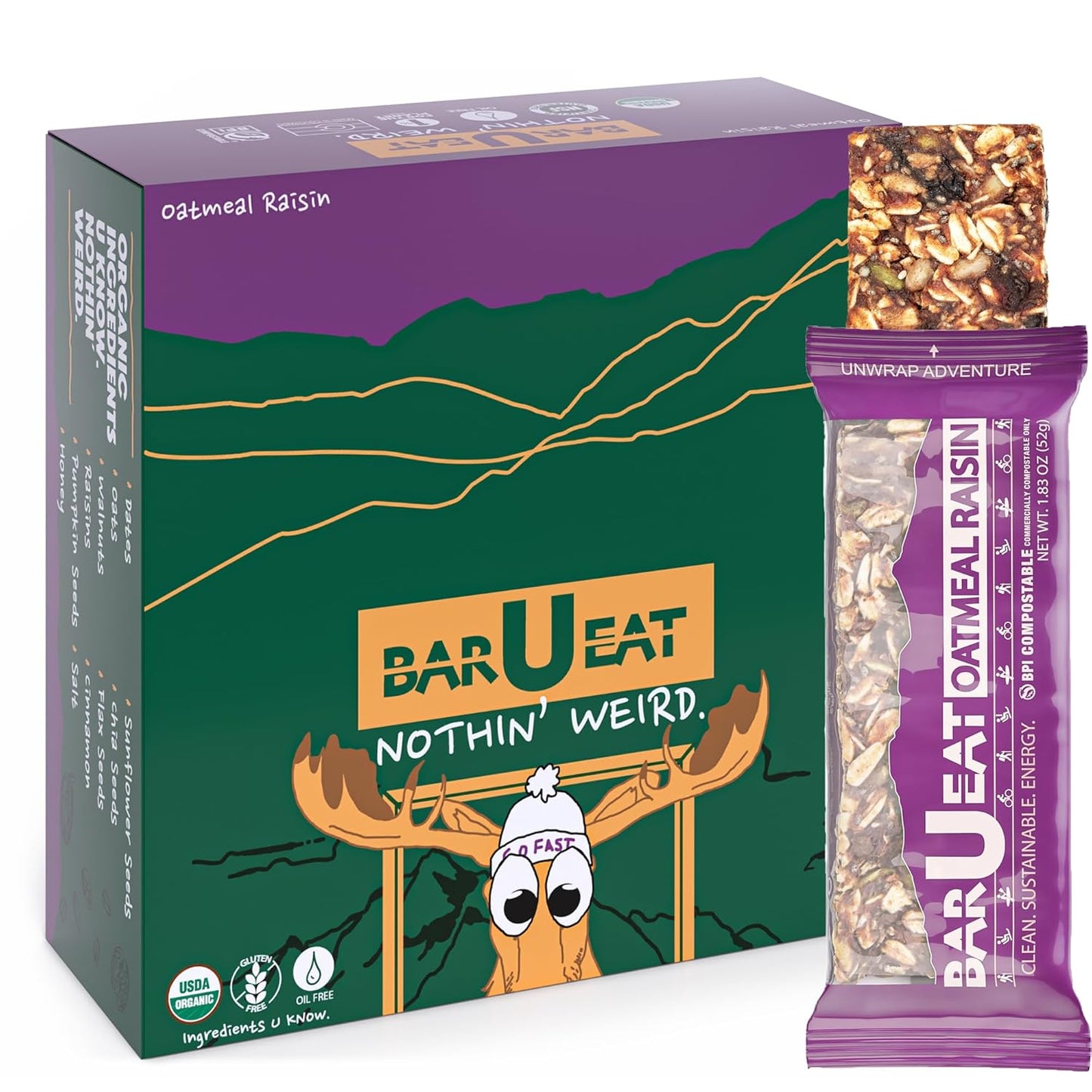 BAR-U-EAT Gluten-Free, Organic, Soft & Chewy Energy Bar. Whole Food Ingredients | Compostable Packaging | No Artificial Sugar | Healthy Snacks (Oatmeal Raisin 12 Pack)