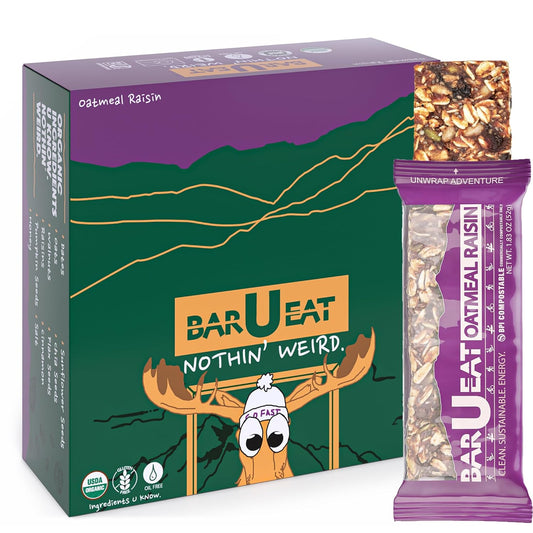 BAR-U-EAT Gluten-Free, Organic, Soft & Chewy Energy Bar. Whole Food Ingredients | Compostable Packaging | No Artificial Sugar | Healthy Snacks (Oatmeal Raisin 12 Pack)