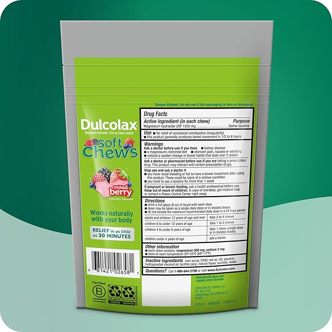 Dulcolax Saline Laxative Soft Chews, Gentle Constipation Relief, Mixed Berry Flavor, Magnesium Hydroxide 1200 mg, 60Count