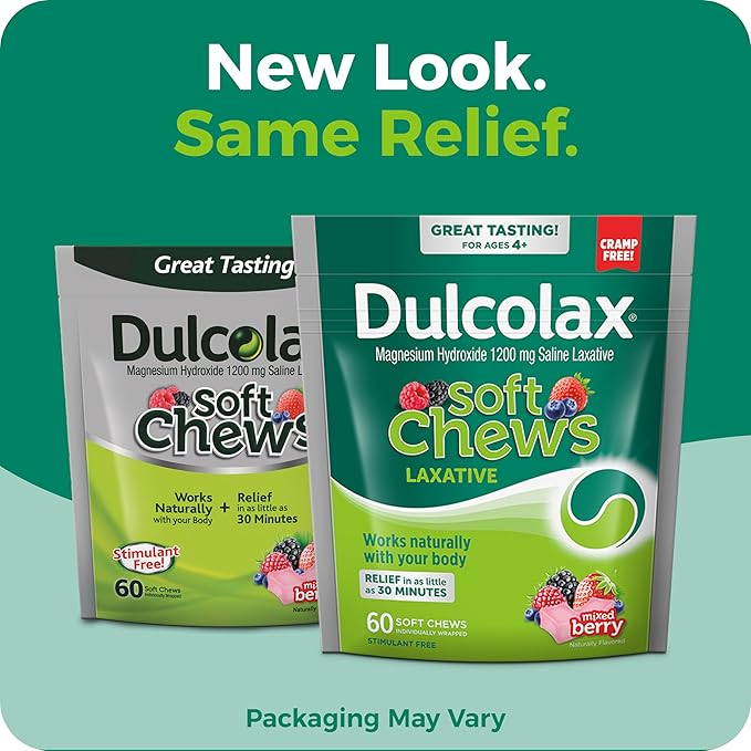 Dulcolax Saline Laxative Soft Chews, Gentle Constipation Relief, Mixed Berry Flavor, Magnesium Hydroxide 1200 mg, 60 Count