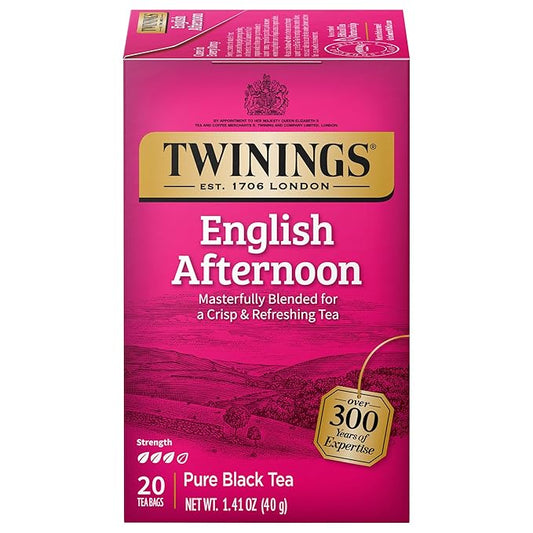 Twinings English Afternoon Black Tea Individually Wrapped Bags, 20 Count (Pack of 1), Smooth & Slightly Sweet, Caffeinated, Enjoy Hot or Iced, 20 Teabags