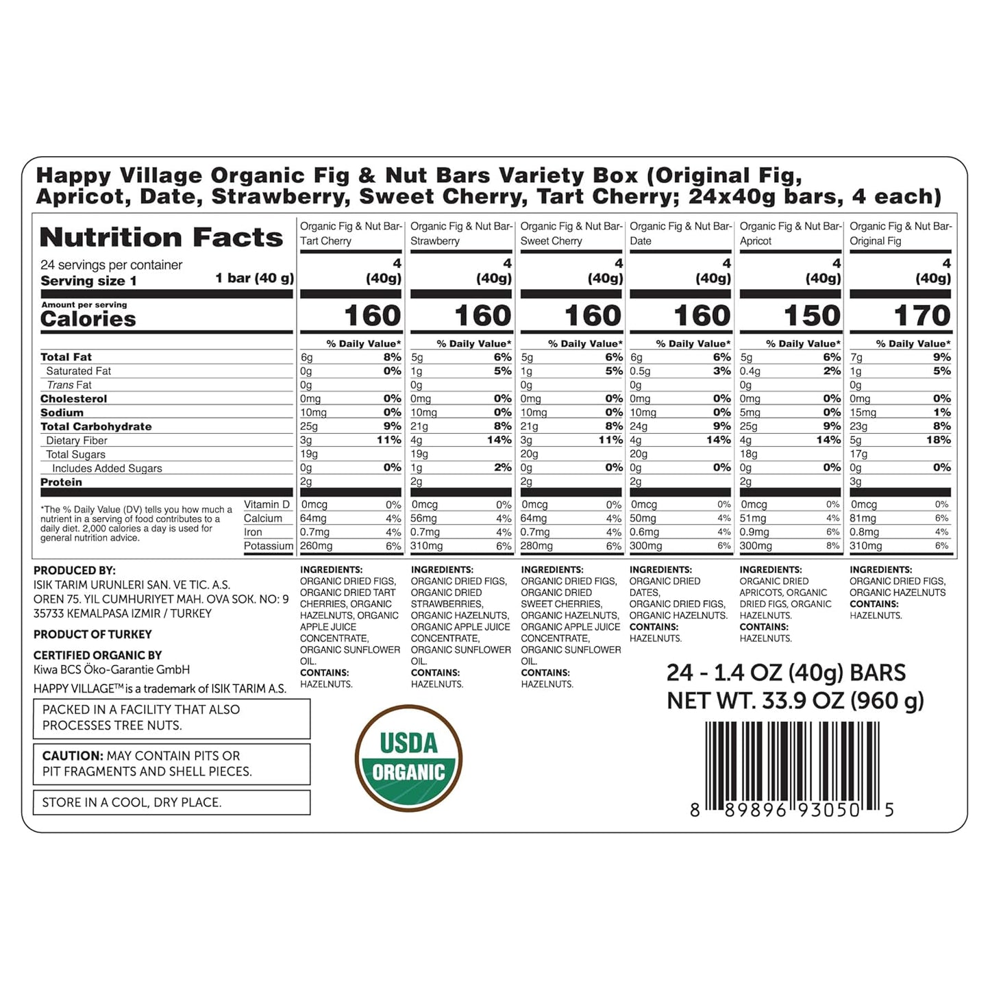 Happy Village Organic Fig & Nut Bars, VARIETY (24 Pack, 1.4 OZ each), Gluten Free, No Refined Sugar, Kosher, Non-GMO, Vegan, Good Source of Fiber, Organic Healthy Snack Bars - 4 bars of Each Flavor