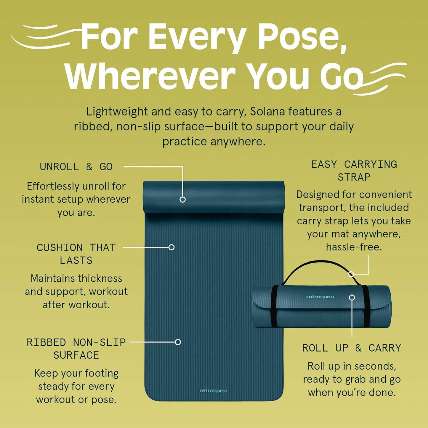 Retrospec Solana Yoga Mat 1" Thick With Nylon Strap For Men & Women - Non Slip Exercise Mat For Home Yoga, Pilates, Stretching, Floor & Fitness Workouts