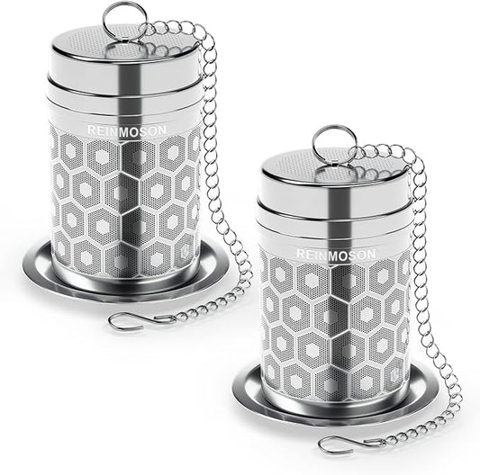 2 Pack Reinmoson Tea Strainers for Loose Tea, Extra Fine Mesh Tea Infuser, 304 Stainless Steel & Updated Slim Threaded Lid, Loose Leaf Tea Steeper for Black Tea, Rooibos, etc