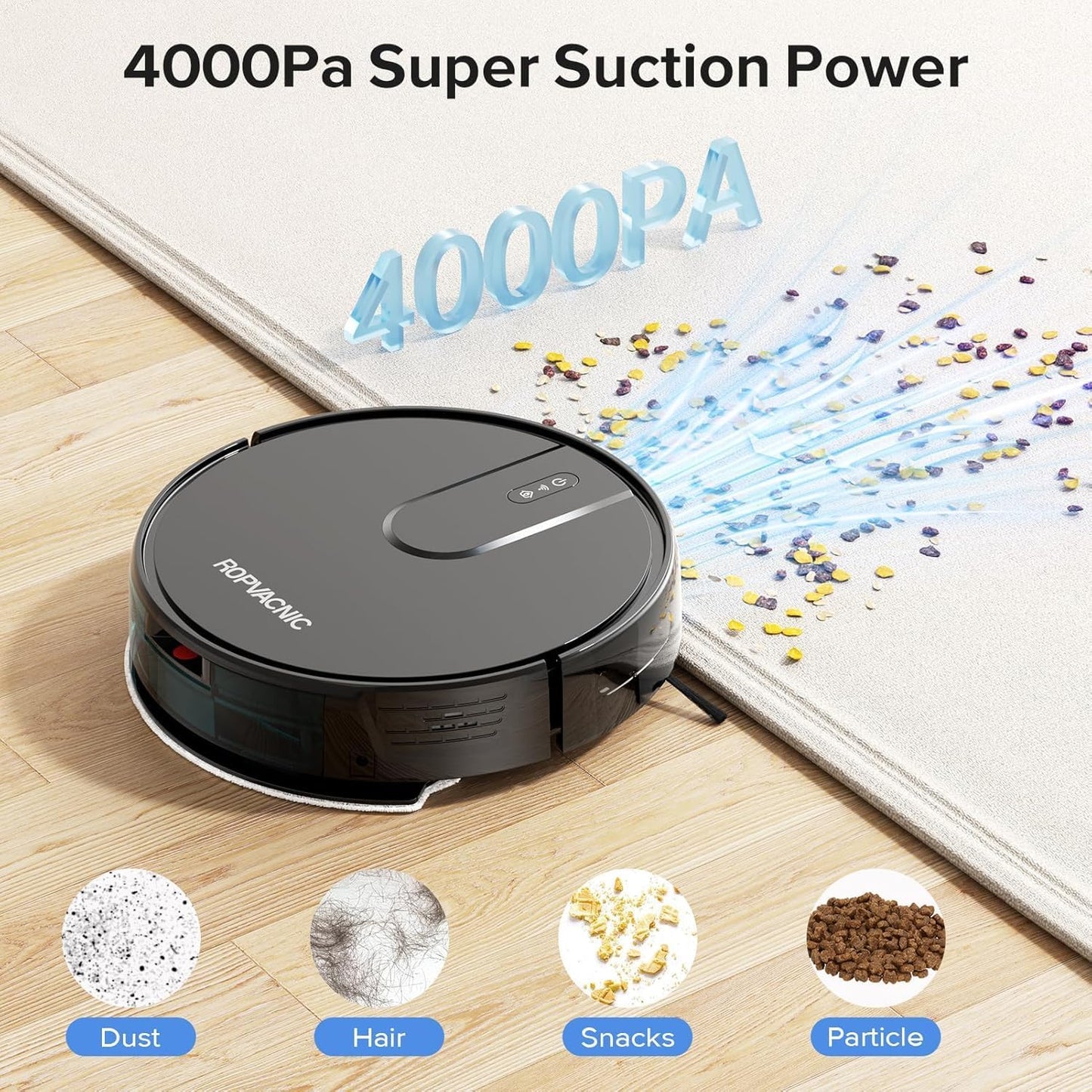 ROPVACNIC Robot Vacuum Cleaner Robot Vacuum and Mop Combo with 4000Pa Suction, Personalized Cleaning Adjustments, Self-Charging Robotic Vacuum Cleaner, Advanced Obstacle Avoidance