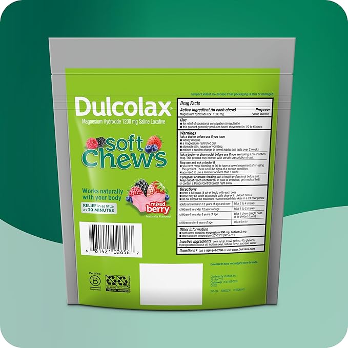 Dulcolax Saline Laxative Soft Chews, Gentle Constipation Relief, Mixed Berry Flavor, Magnesium Hydroxide 1200 mg, 60 Count