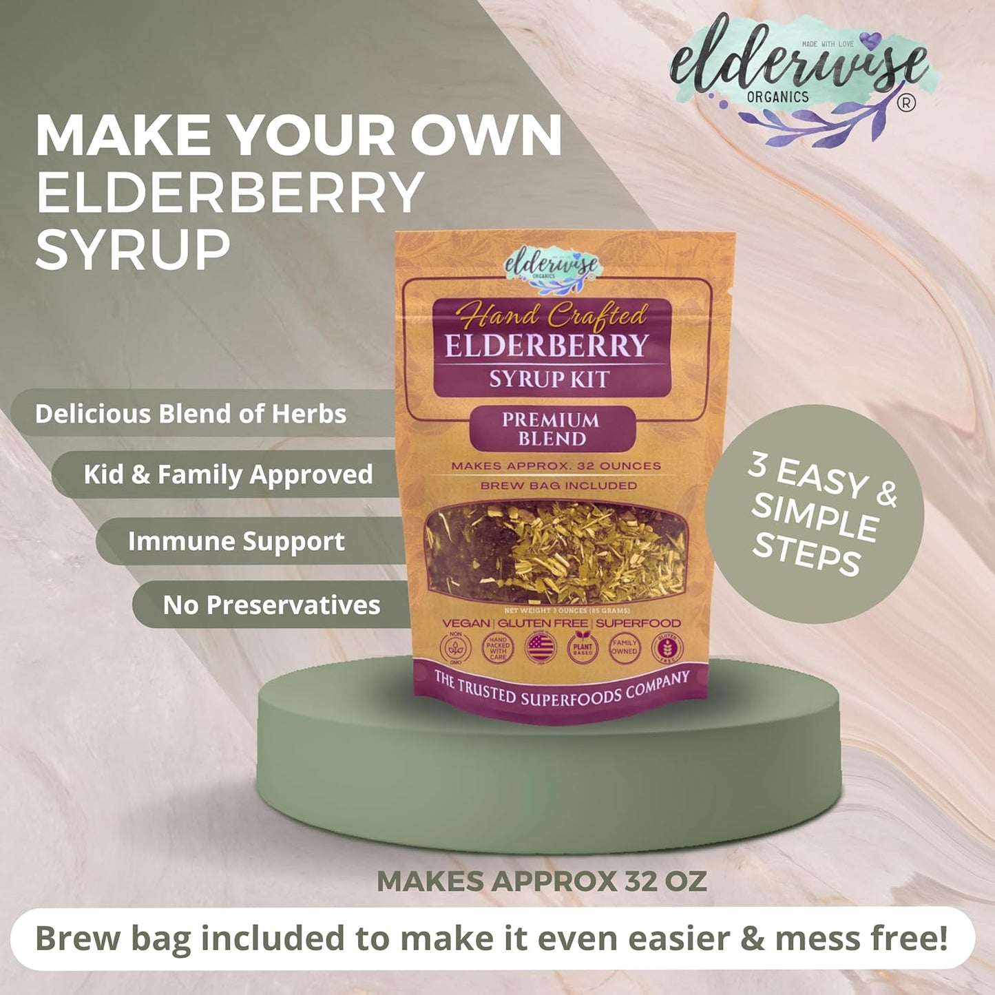 Elderwise Organic Elderberry Syrup Kit - Easy to Use, DIY Elderberry Syrup Making Kit with Elderberries ,Rosehips, Ginger, Echinacea, Cinnamon, and Cloves, Makes 32oz of Syrup, Brewing Bag Included