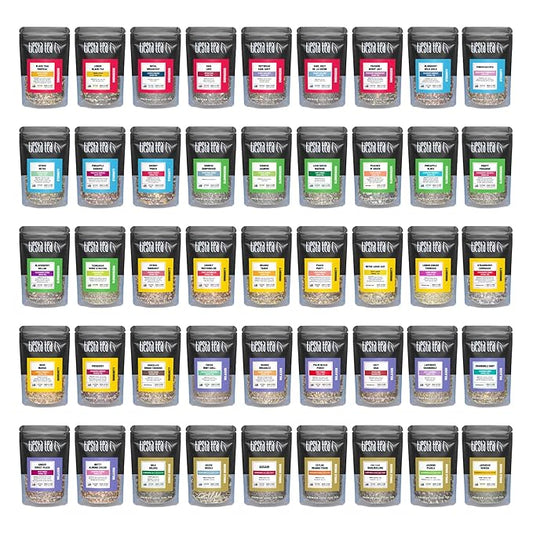 Tiesta Tea - Tiesta Tastings Sampler Dry Flight Set, Loose Leaf, High to No Caffeine, Makes Hot and Iced, Assorted Tea Sets with Herbal, Chai, Fruit Blend & More, 45 Resealable Sample Pouches