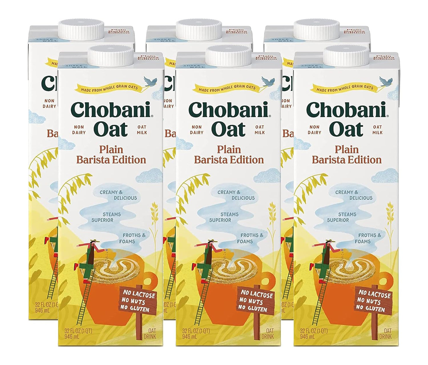 Chobani Oat Milk, Plain Oat Barista Edition, Shelf Stable Non Dairy Milk, Creamer, Vegan Friendly, Gluten-Free, 32 FL OZ (Pack-6)