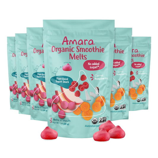 Amara Smoothie Melts - Carrot Raspberry - Baby Snacks Made With Fruits and Vegetables - Healthy Toddler Snacks For Your Kids Lunch Box - Organic Plant Based Yogurt Melts - 6 Resealable Bags