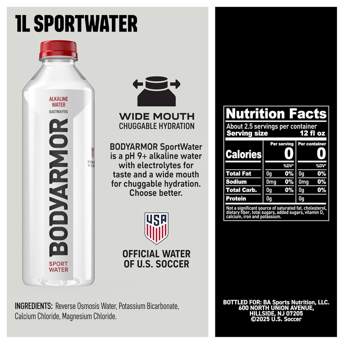 BODYARMOR SportWater Alkaline Water, Superior Hydration, High Alkaline Water pH 9+, Electrolytes, Perfect for your Active Lifestyle, 1 Liter (Pack of 6)