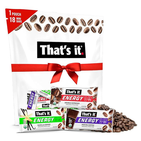 That’s it. Organic Energy Coffee Mini Bars - (6 each of Vanilla, Mocha, Double Espresso) Grab and Go, No Added Sugars, Non-GMO, Caffeine Power Snack, Kosher, Allergy Friendly (Variety - 18 Count)