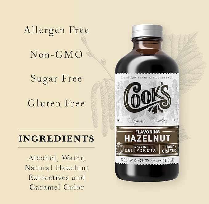 Cook's, Pure Hazelnut Flavor, Perfect for Baking and Cooking, Certified Kosher, Gluten Free, Allergen Free, Vegan, 8 oz