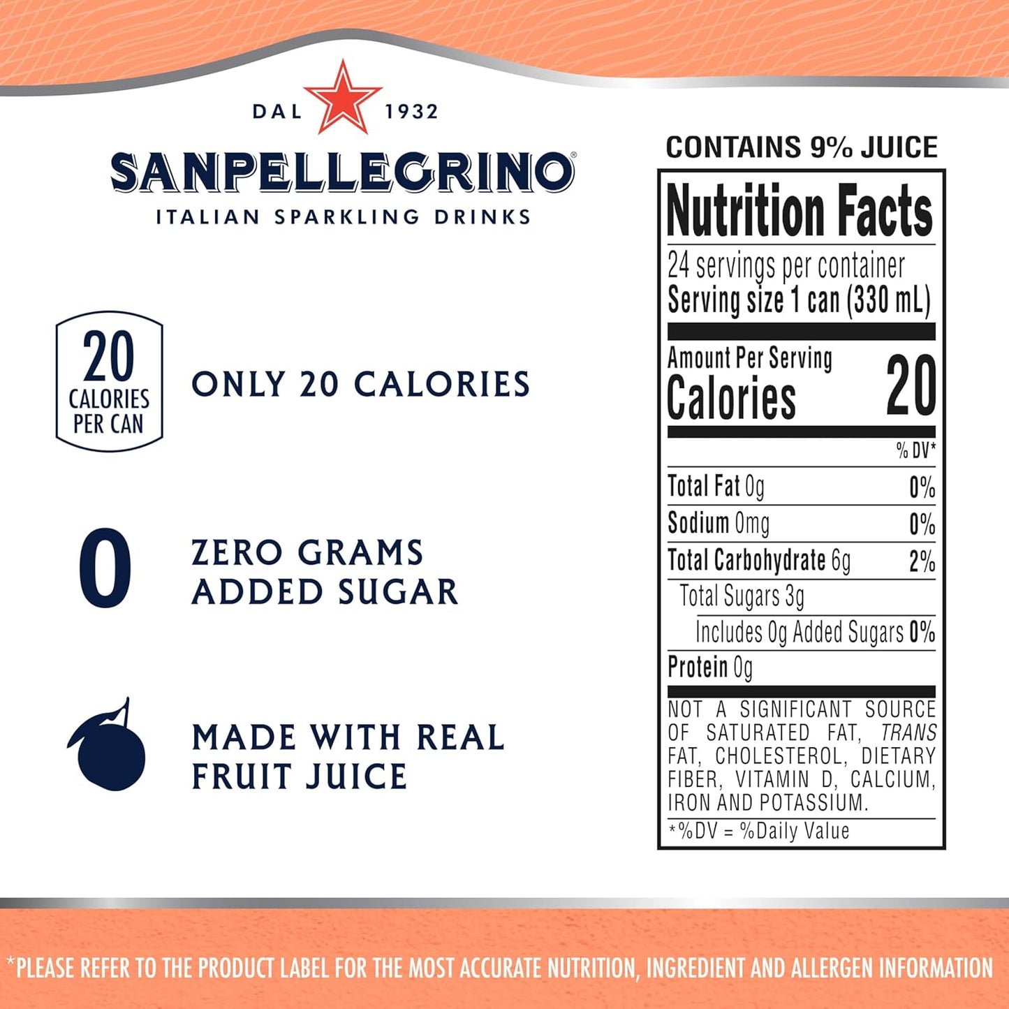 Sanpellegrino Zero Grams Added Sugar Italian Sparkling Drinks, Sparkling Peach Clementine Beverage, 11.15 Fl Oz (Pack of 24)