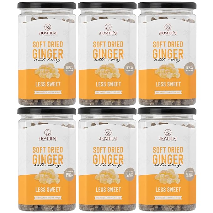 Homtiem Dried Crystallized Ginger Less Sweet 6 lb (16 Ounce pack 6) Real Soft, Chews and Candied Delicious pieces Gingers, Easy to eat,No Artificial Colors,All-Natural and Preservative-Free