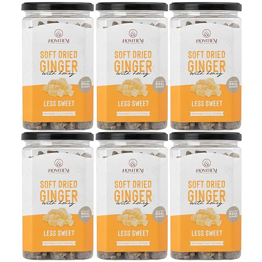 Homtiem Dried Crystallized Ginger Less Sweet 6 lb (16 Ounce pack 6) Real Soft, Chews and Candied Delicious pieces Gingers, Easy to eat,No Artificial Colors,All-Natural and Preservative-Free