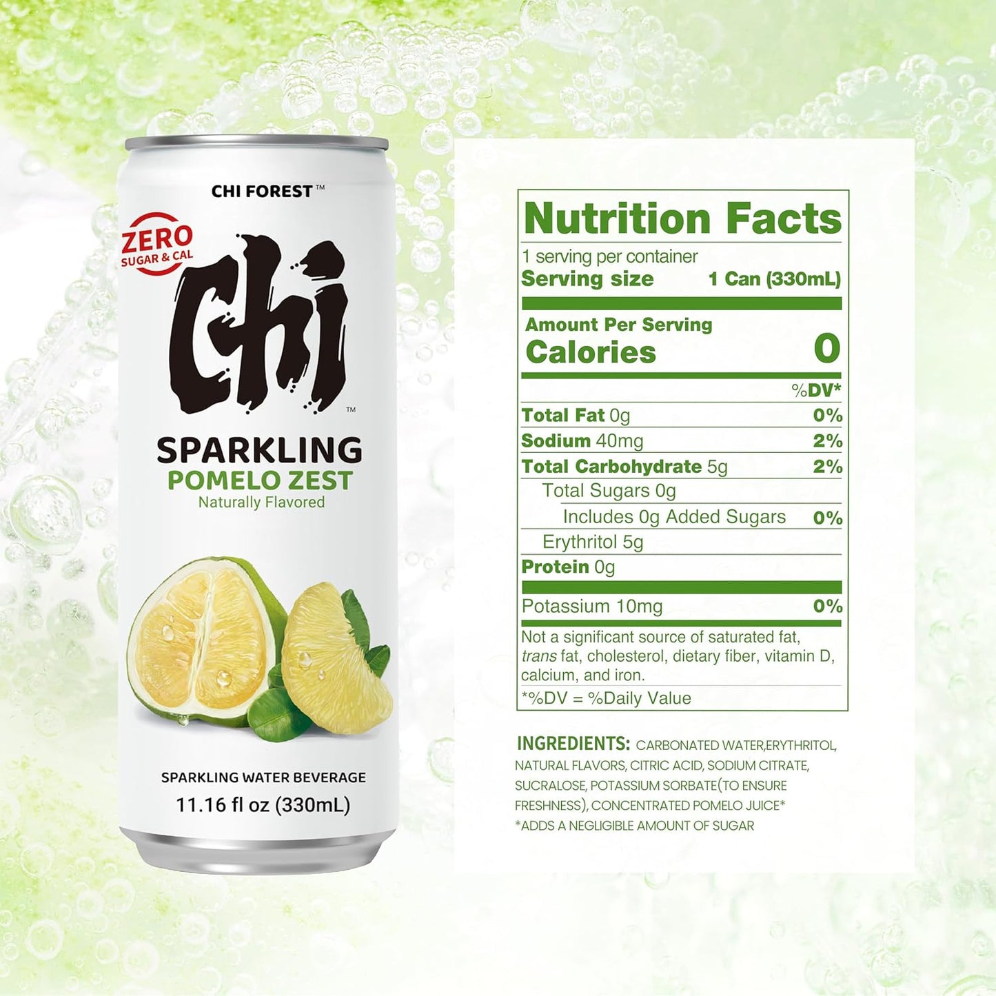 CHI FOREST Pomelo Sparkling Water Beverage, Zero Sugar Drinks, Zero Artificial Flavor, 11.16 fl oz Cans (Pack of 24)