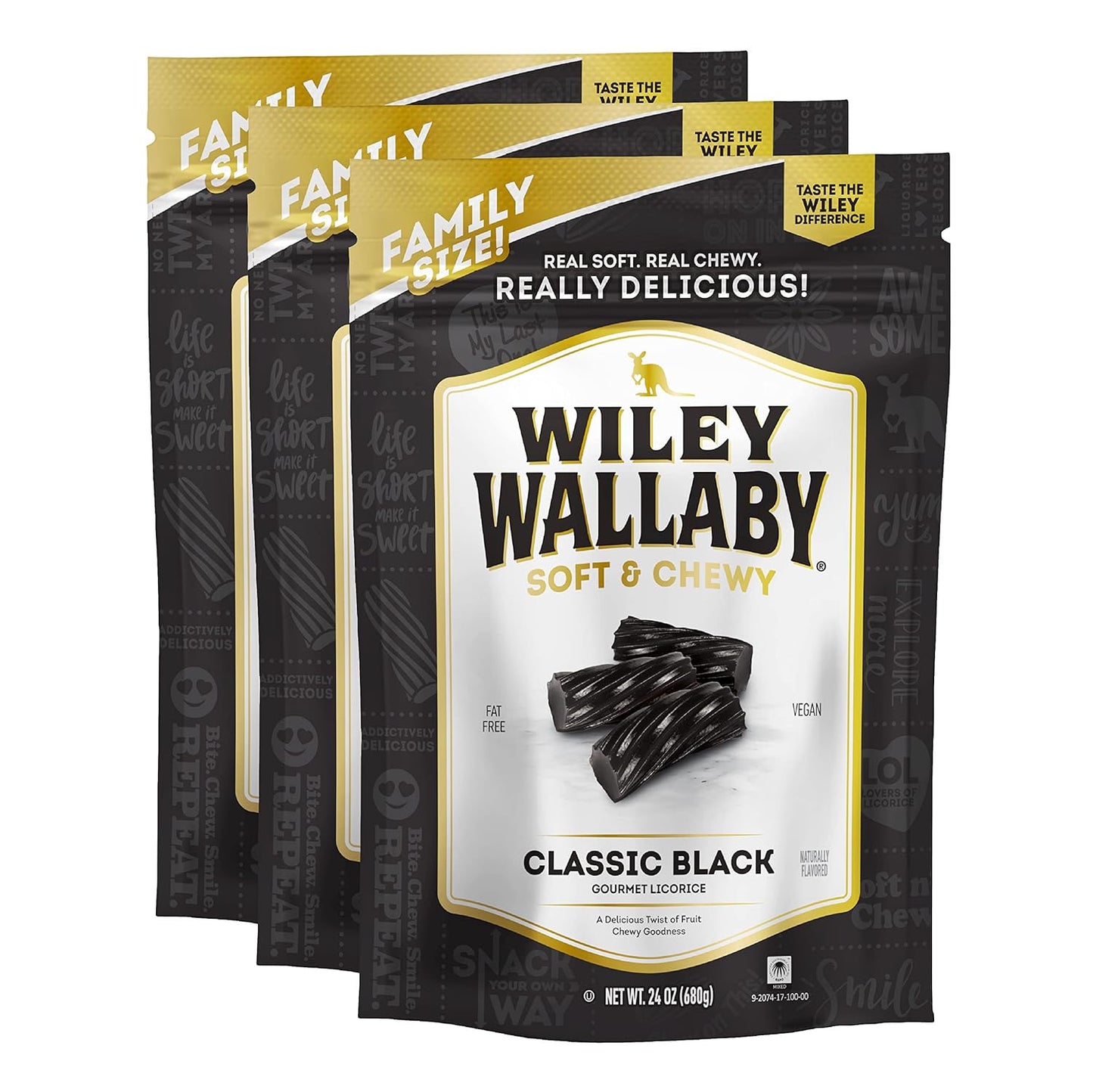 Wiley Wallaby Licorice 24 Ounce Classic Gourmet Soft & Chewy Australian Black Licorice Candy Twists, 3 Pack
