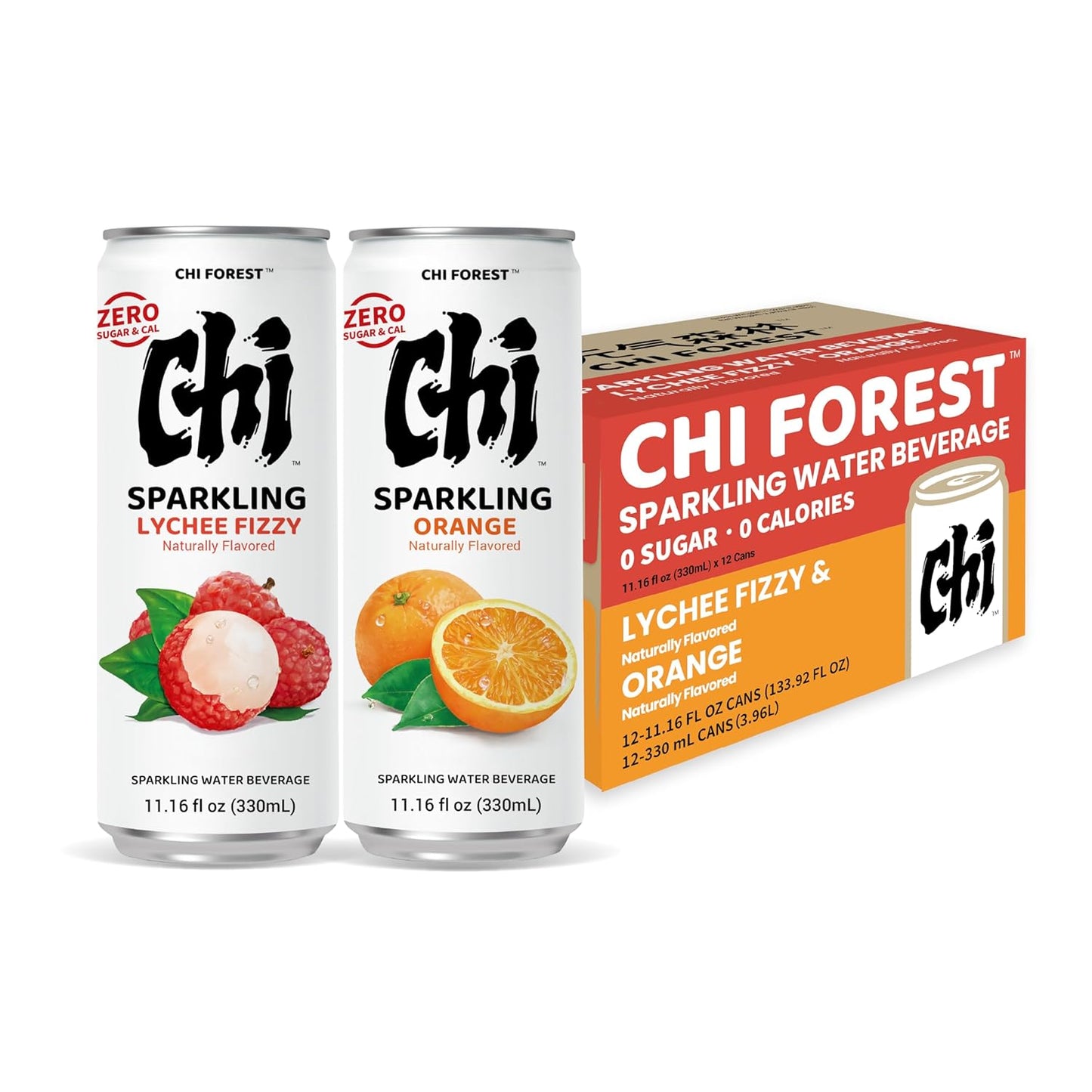 CHI FOREST Sparkling Water Beverage, Lychee & Orange drinks, Zero Sugar or Artificial Flavor, 11.16 fl oz Cans (Pack of 12)