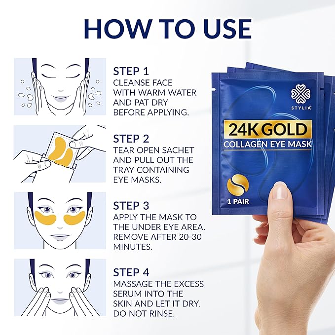 Stylia Under Eye Patches for Puffy Eyes and Dark Circles (20 Pairs) - 24k Gold Under Eye Mask with Vitamin C, Hyaluronic Acid, Pearl Extract - Eye Masks for Dark Circles and Puffiness