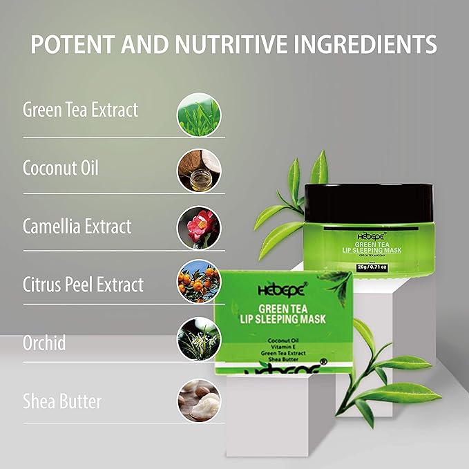 Green Tea Matcha Lip Sleeping Mask Overnight with Applicator, Dry Lips Treatment with Coconut Oil, Vitamin E, Fig Extract, Orchid, and Shea Butter, Moisturizer for Dry, Chapped, Cracked Lips