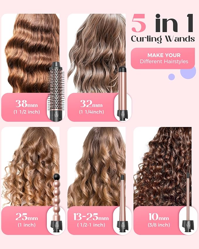 5 in 1 Wand Curling Iron Set, Hair Styling Tools with Thermal Brush and 4 Interchangeable Ceramic Barrels from 1/2 to 1 1/2 inch, Fast Heating, Dual Voltage Hair Curler, Gifts for Women