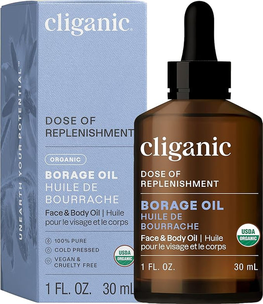 Cliganic Organic Borage Seed Oil for Face, 100% Pure (1oz) - Natural Non-GMO Cold Pressed (Packaging May Vary)