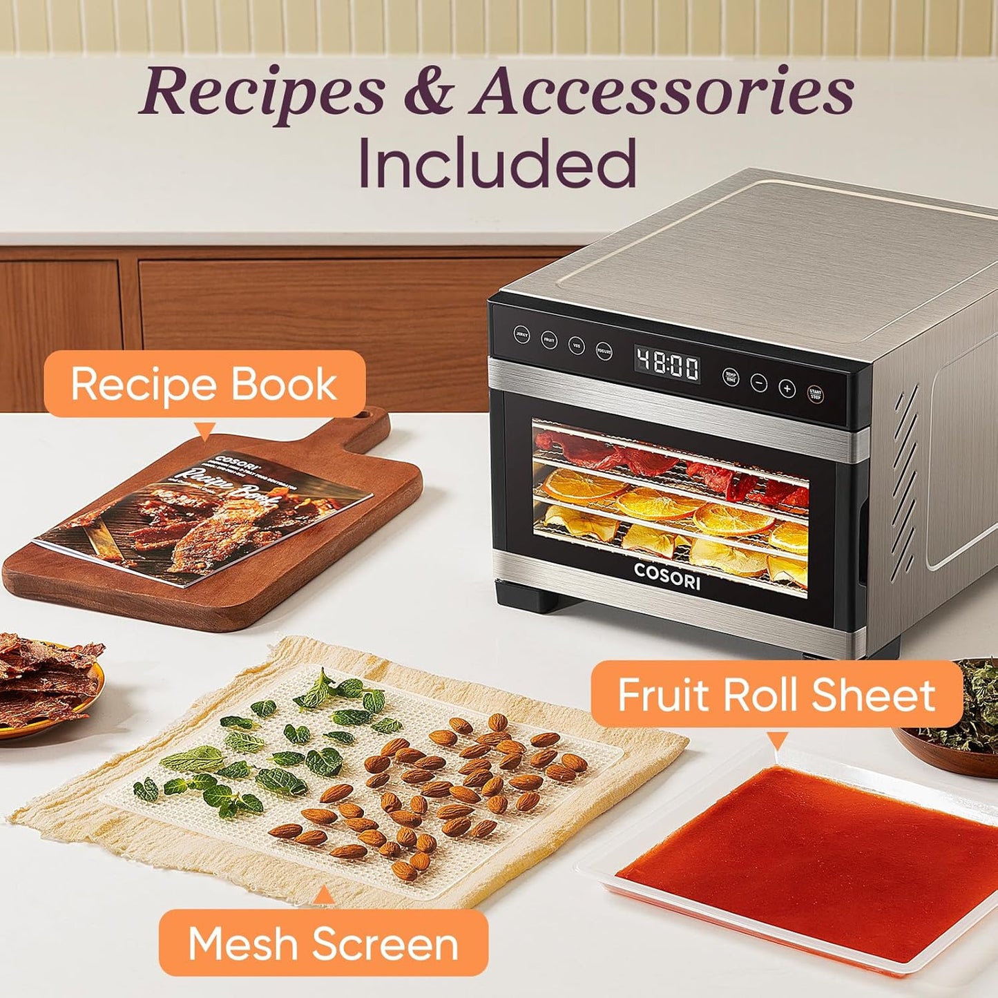 COSORI Food Dehydrator for Jerky, 176°F Temperature Control, 5 Stainless Steel Trays Dryer Machine, 4 Presets, 48H Timer, for Dog Treats, Meat, Fruit, Veggies, Snacks, Recipe Book Included