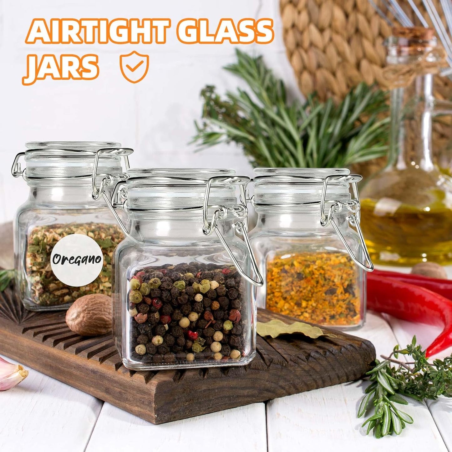 Spice Jars 20 Pack Small 4 oz Glass Jars with Airtight Hinged Lids, Spice Herb Jars with Labels and Silicone Funnels, 4oz Glass Jars with Lids Ideal for Spice Herbs