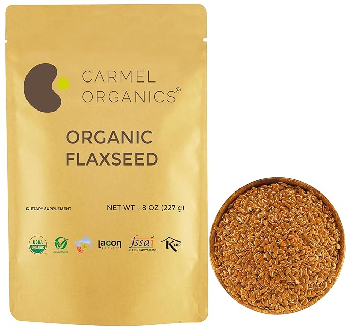 Organic Flax Seeds Whole 8 Ounce or 227g (0.5 Lb) | Non GMO | Kosher | USDA Certified Organic | By Carmel Organics | Unroasted Flax Seed | Plant Based | Linum usitatissimum