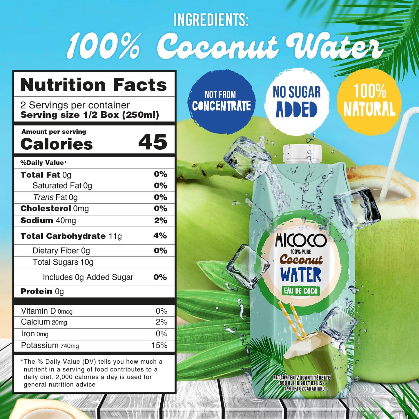 MICOCO Coconut Water, No Added Sugar, 16.9 Fl Oz (Pack of 12)