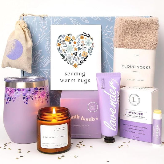 Unboxme Lavender Spa Gift Basket For Women - Relaxation Gifts I Self Care Package with Lavender Scented Candle, Wine Tumbler, Bath Bomb, Soap, Socks, Hand Cream & Bonus Card | Sympathy Gift