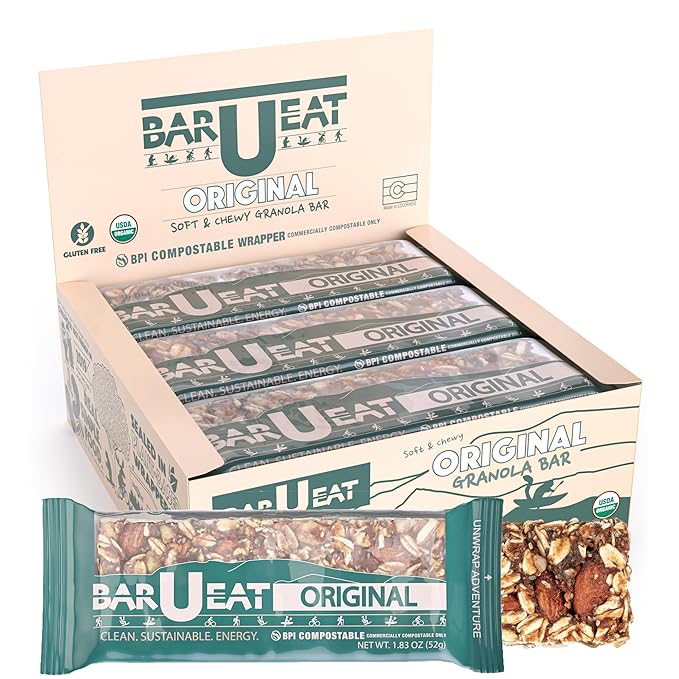 BAR-U-EAT Gluten-Free, Organic, Soft & Chewy Granola Bar. Whole Food Ingredients | Compostable Packaging | No Articial Sugar (Original 12 Pack)