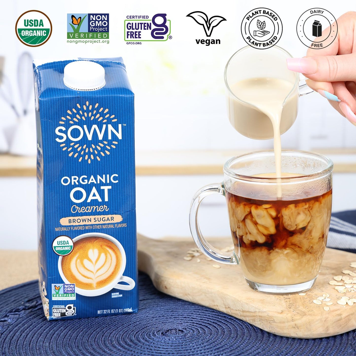 SOWN Organic Oat Creamer Brown Sugar - Barista Oat Milk Non Dairy Coffee Creamer - Plant Based, Dairy-Free, Vegan, Gluten-Free, Non-GMO, Shelf Stable - 32oz (Pack of 6)