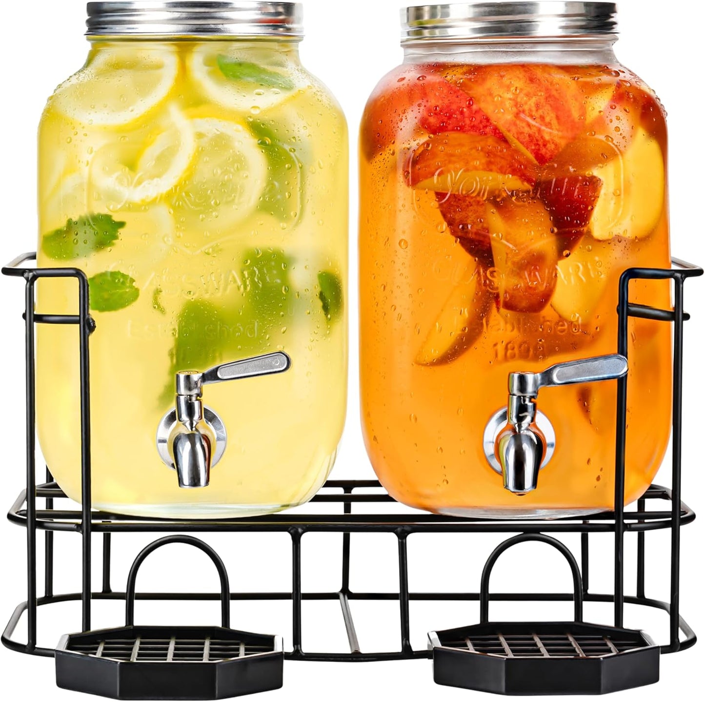 Dual Gallon Glass Beverage Dispensers with Metal Stand and Stainless Steel Spigots – Classic Mason Jar Design for Cold Drinks, Iced Tea, and Kombucha