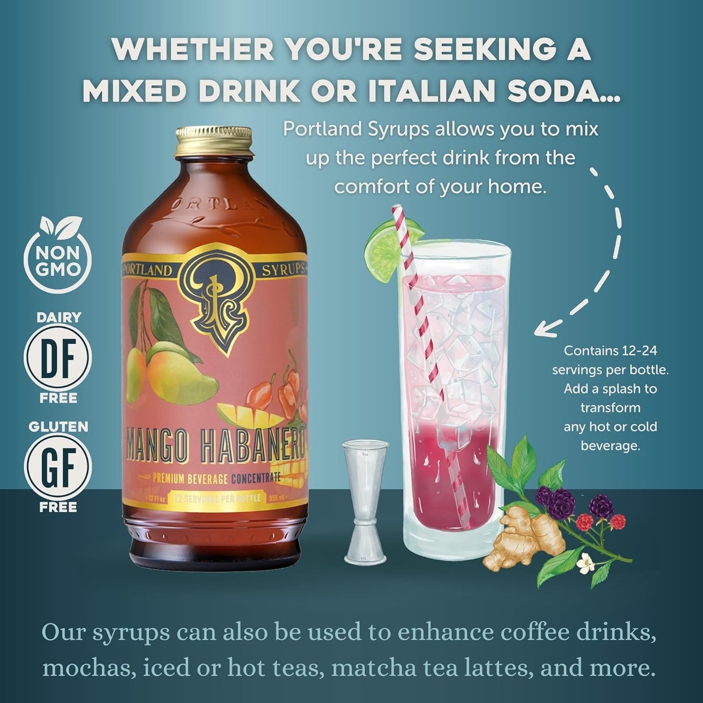 Portland Syrups Mango Habanero Syrup - Bold Mango Flavor with a Fiery Habanero Kick - Premium Beverage Concentrate for Cocktails, Mocktails, Tea, and More - 12 oz with 24 Servings (Pack of 2)